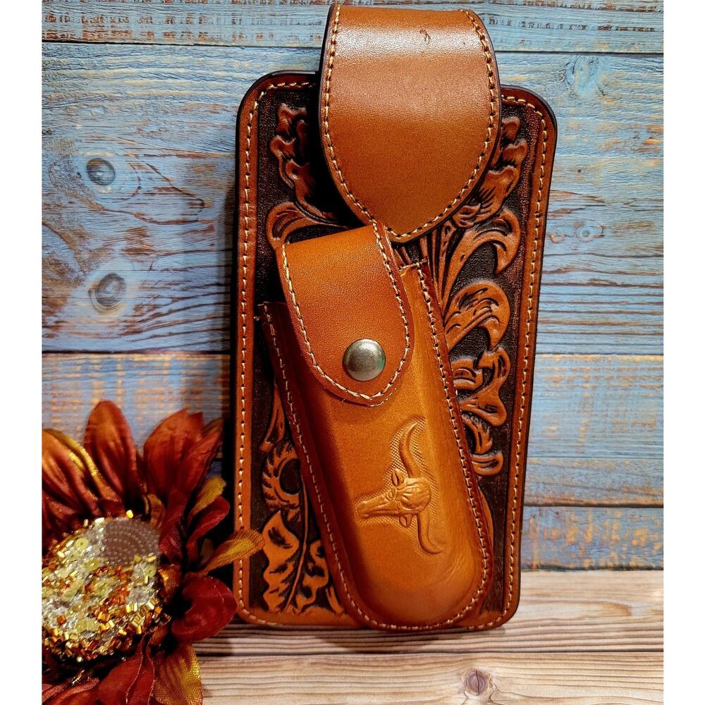Longhorn Leather Phone Holstor With Knife Sheath & Belt Clip Sz LG 7x3.75" Tan